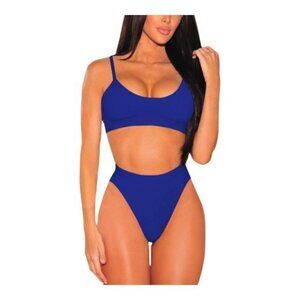 Push-Up Pad High Cut High Waisted Blue Bikini Swimsuit Size Large EUC/NEW #1930